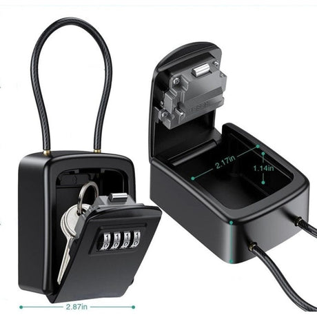All-black cable shackle key safe shown closed with its steel cable loop and open with keys inside