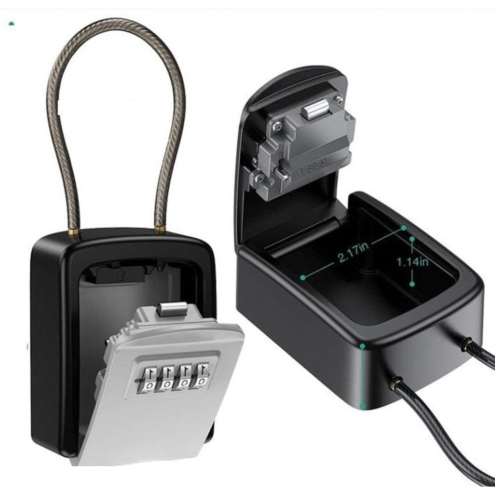 Grey-face cable shackle key safe shown closed with its steel cable loop and open showing the empty cavity