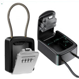 Grey-face cable shackle key safe shown closed with its steel cable loop and open showing the empty cavity