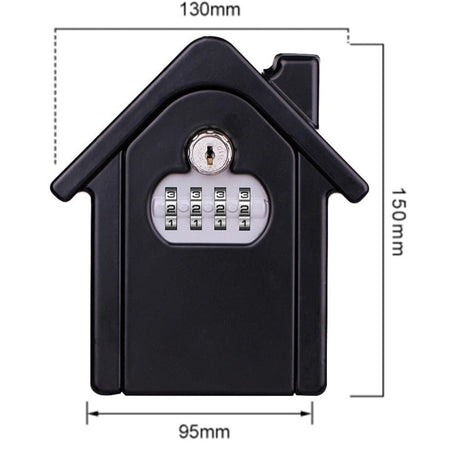 Black house-shaped large key safe with key override and four dials, marked 130 mm across the roof, 150 mm high and 95 mm across the body