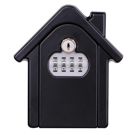 Front of the black house-shaped large key safe with a key override above four combination dials