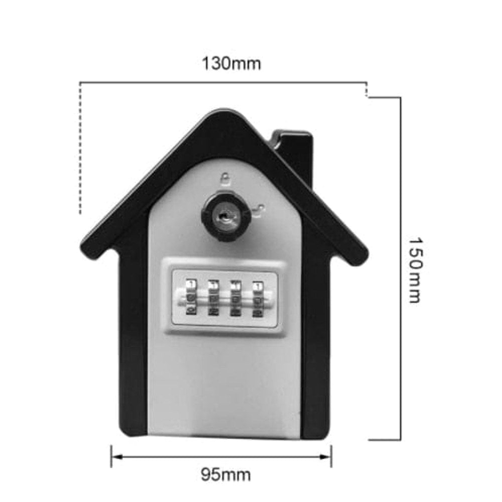 Grey-face house-shaped large key safe with key override and four dials, marked 130 mm across the roof, 150 mm high and 95 mm across the body