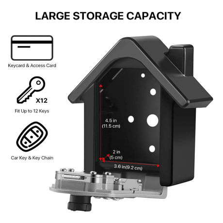 Large house-shaped key safe open, showing the inside cavity with a key card, key and car key icons beside it