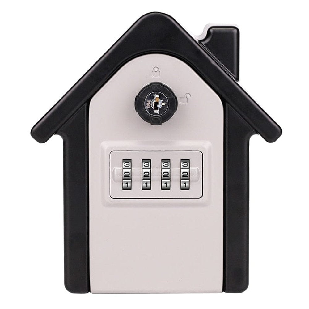 Front of the house-shaped large key safe with a black roof, light grey face, key override and four combination dials