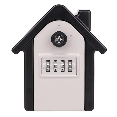 Front of the house-shaped large key safe with a black roof, light grey face, key override and four combination dials