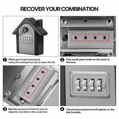 Four steps for the large key safe: open with the override key, find the reset slots on the back of the lock, line up the dials, read the old code