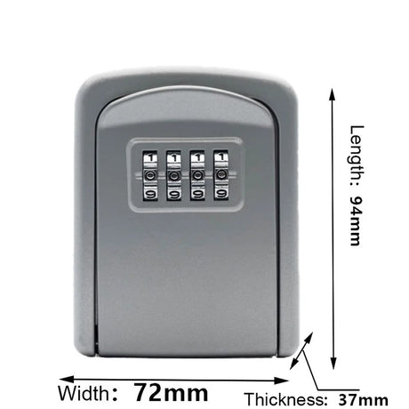 Silver aluminium wall mount key safe with a four-dial combination lock, marked 72 mm wide, 94 mm high and 37 mm deep
