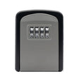 Front of the wall mount key safe with a black frame, grey face and four combination dials
