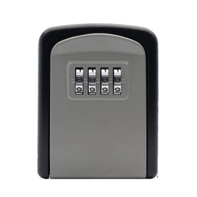 Front of the wall mount key safe with a black frame, grey face and four combination dials