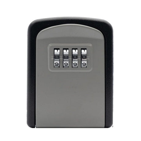 Front of the wall mount key safe with a black frame, grey face and four combination dials
