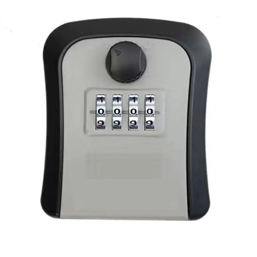 Plastic wall mount key safe with a black frame, grey face, four-dial combination lock and a round knob on top
