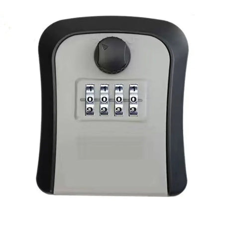 Plastic wall mount key safe with a black frame, grey face, four-dial combination lock and a round knob on top