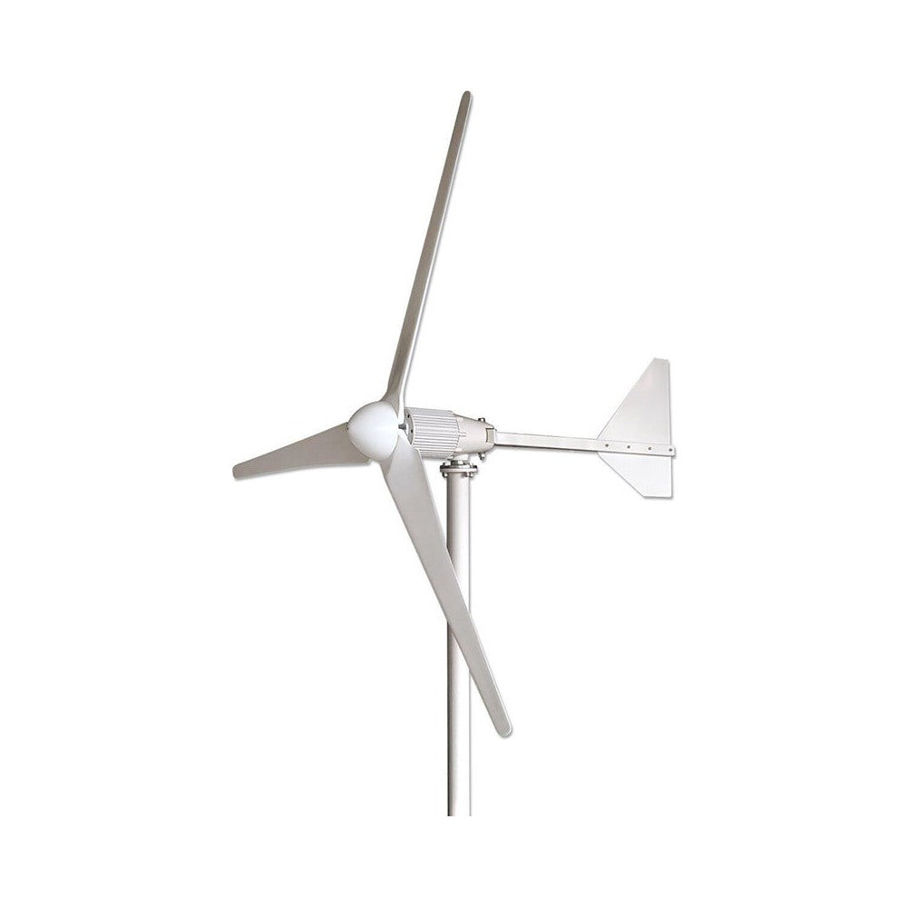White three-blade horizontal-axis wind turbine with tail fin, studio shot on white background — representative L-series family photo of the L1-1000 design