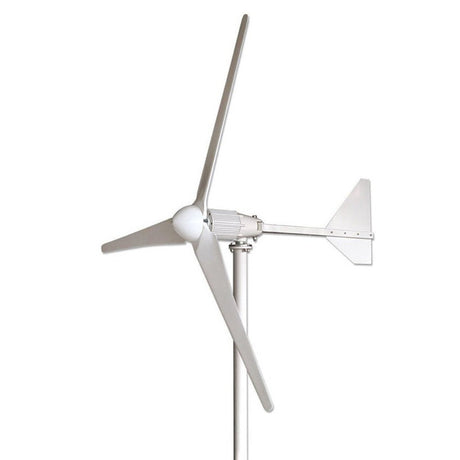White three-blade horizontal-axis wind turbine with a tail vane, side view on a plain white background - representative L-series studio photo.