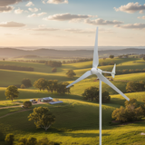 Three-blade horizontal-axis wind turbine with tail fin seen from below against a white background — representative L-series family photo