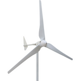 Three-blade horizontal-axis wind turbine seen from below at a front three-quarter angle on a plain white background - representative L-series studio photo.