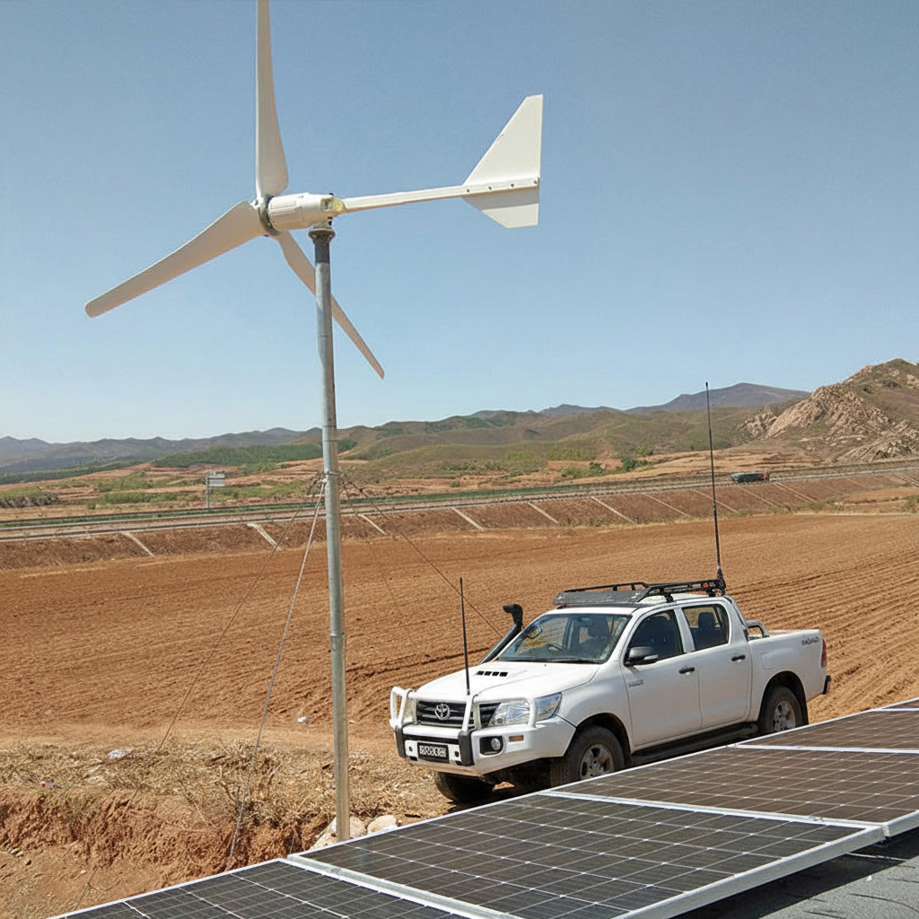 Three-blade horizontal-axis wind turbine on a guyed steel mast above a ploughed paddock, with a ute and ground-mounted solar panels below - representative L-series photo.