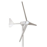 White three-blade horizontal-axis wind turbine with its tail vane to the left, side view on a plain white background - representative L-series studio photo.