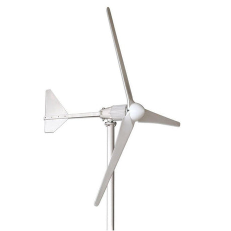 White three-blade horizontal-axis wind turbine with its tail vane to the left, side view on a plain white background - representative L-series studio photo.