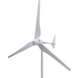 Three-blade horizontal-axis wind turbine seen from below at a three-quarter angle on a plain white background - representative L-series studio photo.