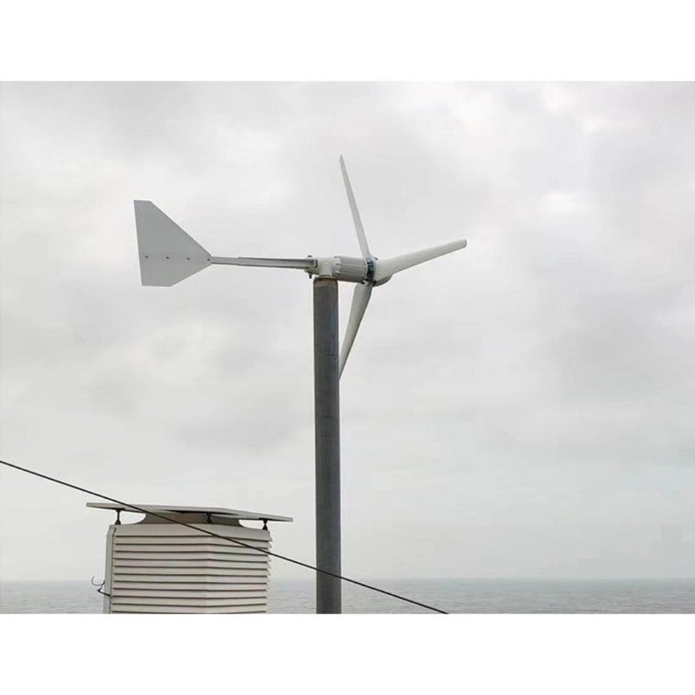 L-series wind turbine pole-mounted beside a weather station enclosure on an ocean-front deck under a grey sky - representative family photo