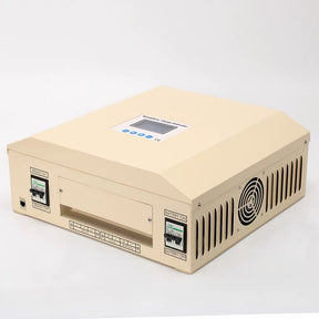 HCM series wind-solar hybrid charge controller: cream cabinet with LCD, brake and battery breakers, and terminal rows for wind, solar and battery - representative series photo, the hybrid kit option