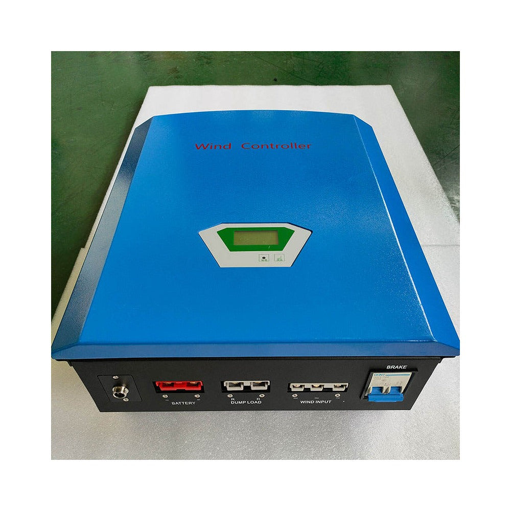 MWM series pure-wind controller: blue wall-mount cabinet with LCD and terminals labelled battery, dump load, wind input and brake - representative series photo, the pure-wind kit option