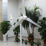 L-series three-blade horizontal-axis wind turbine displayed on a stand indoors among potted plants - representative family photo