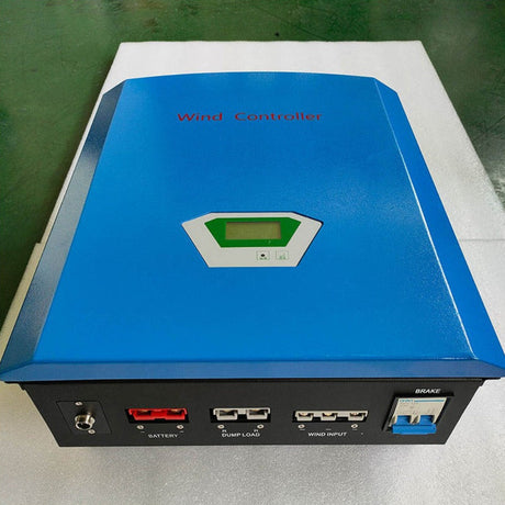 MWM series pure-wind controller: blue wall-mount cabinet with LCD and terminals labelled battery, dump load, wind input and brake - representative series photo, the kit controller