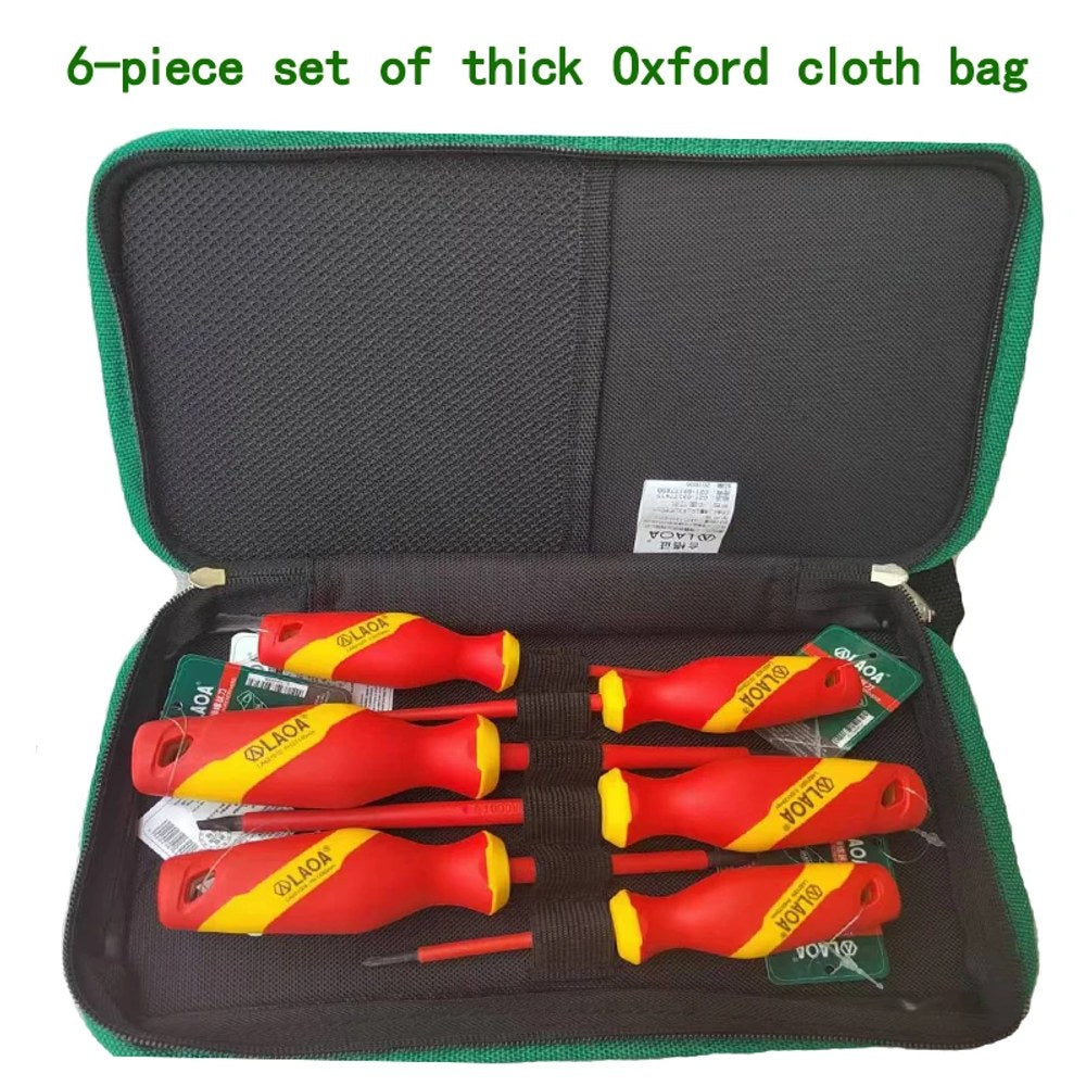 Six LAOA insulated screwdrivers held in loops inside a thick Oxford-cloth zip case with green trim