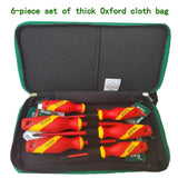 Six LAOA insulated screwdrivers held in loops inside a thick Oxford-cloth zip case with green trim