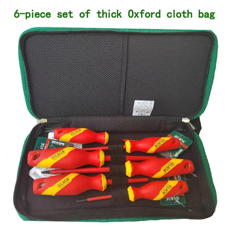 Six LAOA insulated screwdrivers held in loops inside a thick Oxford-cloth zip case with green trim