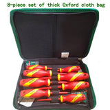 Eight LAOA insulated screwdrivers held in loops inside a thick Oxford-cloth zip case with green trim