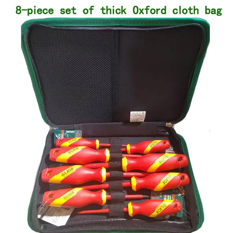 Eight LAOA insulated screwdrivers held in loops inside a thick Oxford-cloth zip case with green trim