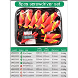 Eight LAOA insulated screwdrivers in a clear zip pouch, with the maker's size chart: four slotted and four Phillips