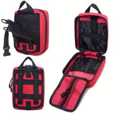 Red first aid bag from three sides: the hook-and-loop back panel folded down with two D-rings, the MOLLE straps with press studs, and the bag unzipped flat showing elastic loops and a zipped mesh pocket