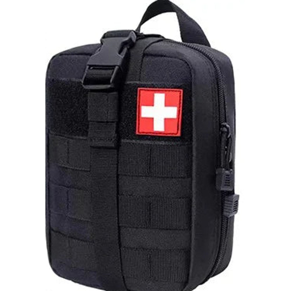 Black MOLLE first aid bag with black webbing, a front buckle strap, a carry handle and a white cross patch