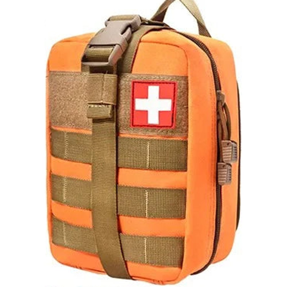 Orange MOLLE first aid bag with tan webbing, a tan buckle strap and handle, and a white cross patch on a tan panel