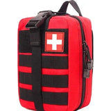 Red MOLLE first aid bag with black webbing, a front buckle strap, a carry handle and a white cross patch