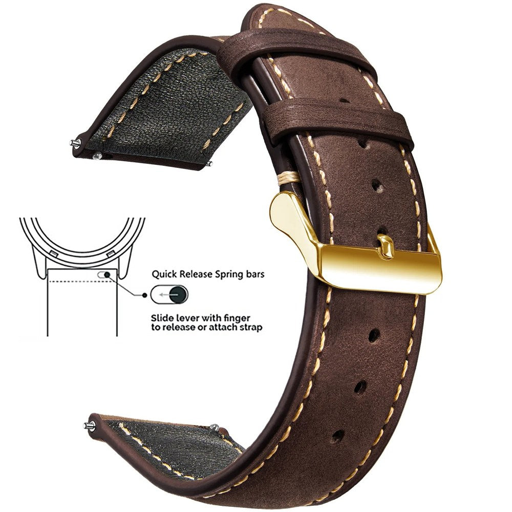 Dark Brown, Gold Buckle waxed leather watch band
