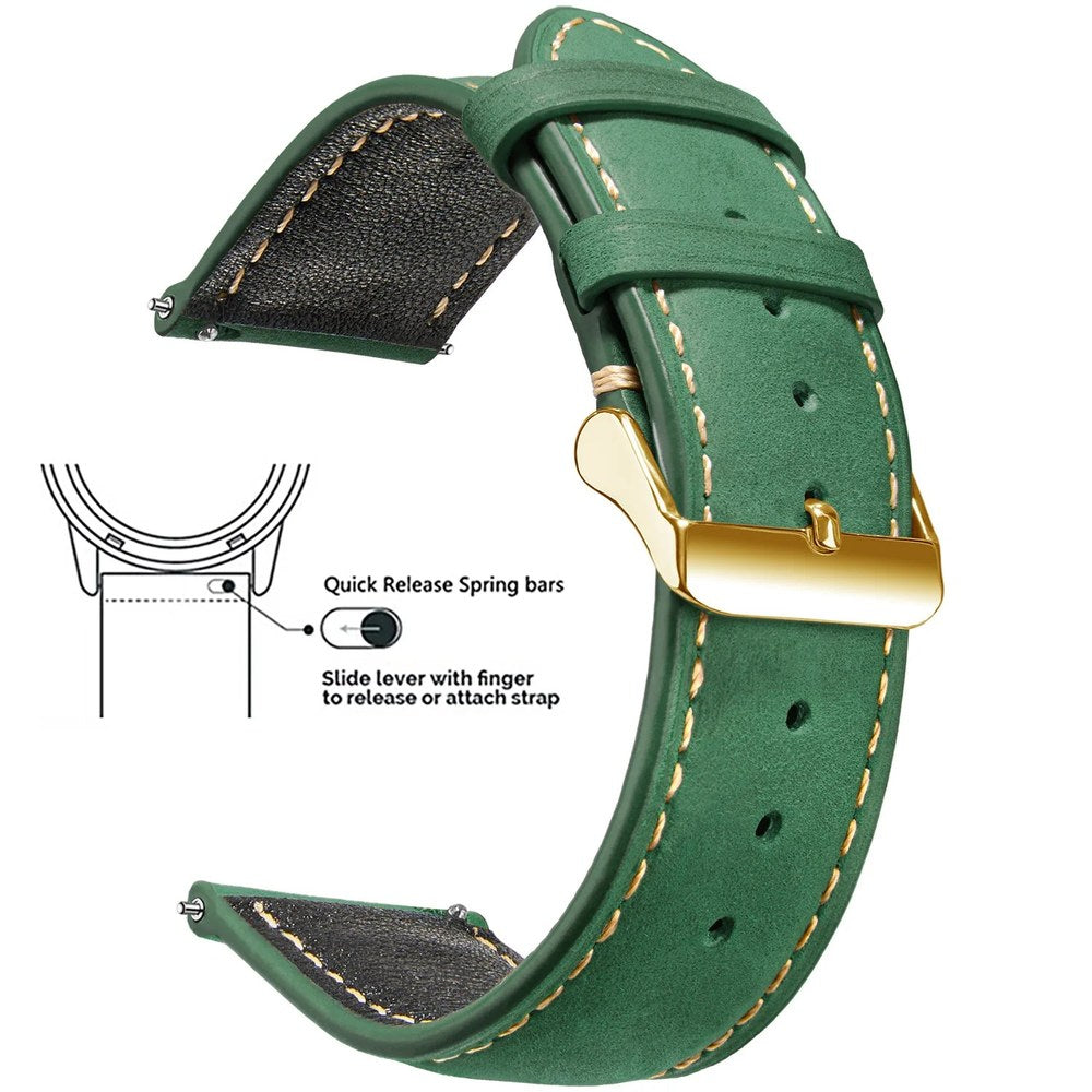 Dark Green, Gold Buckle waxed leather watch band