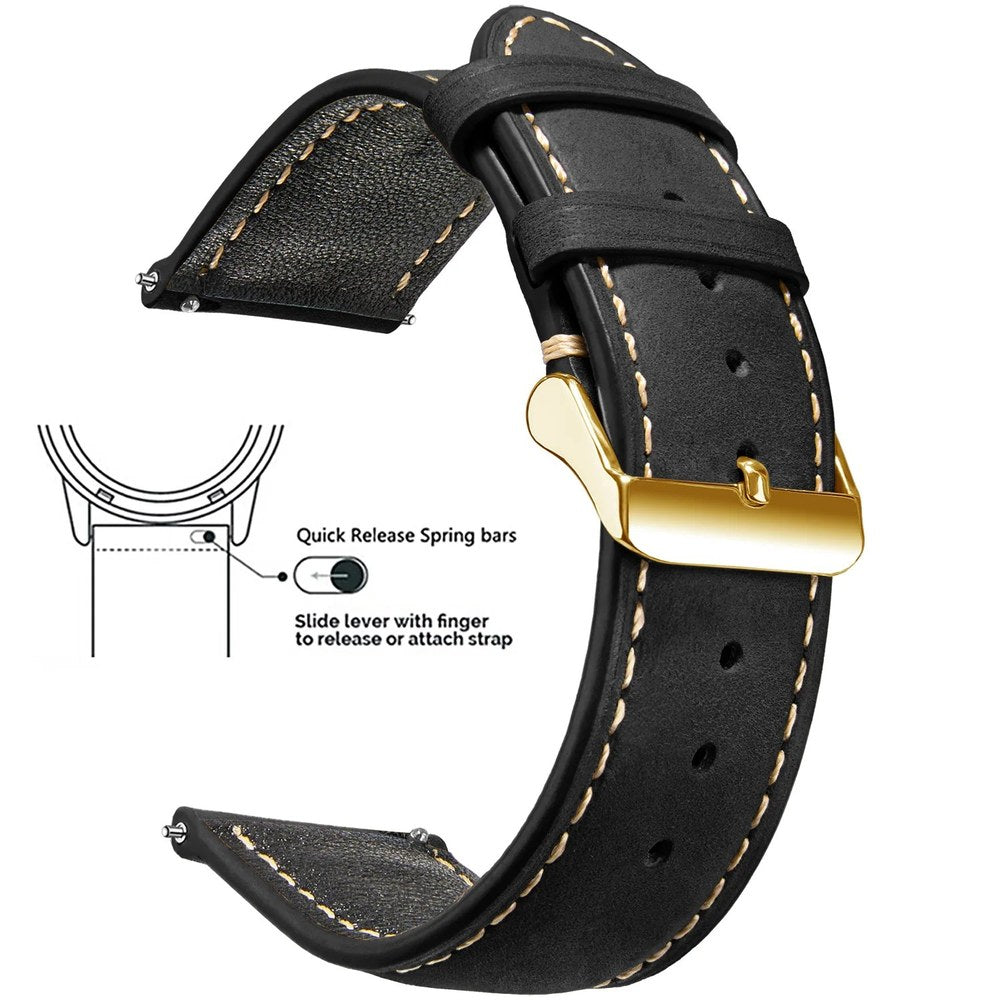 Black waxed leather band with cream stitching and a gold buckle