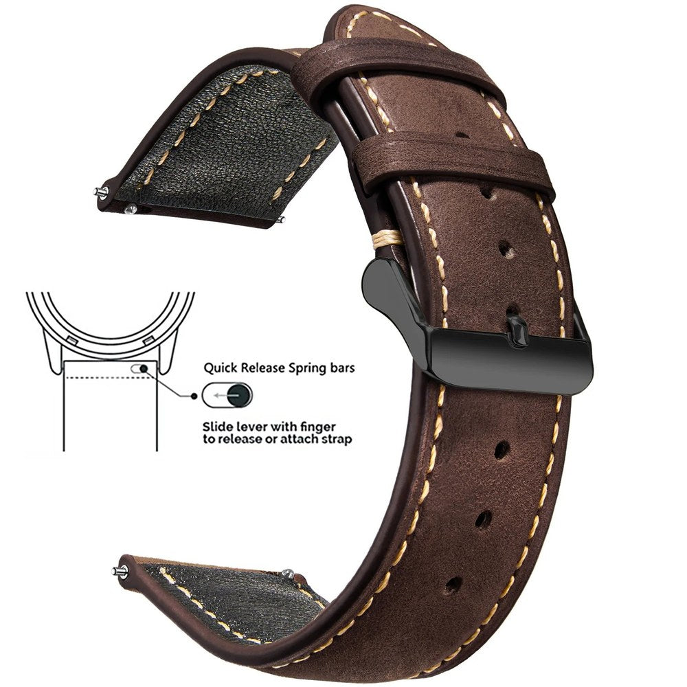 Dark brown waxed leather band with cream stitching and a black buckle