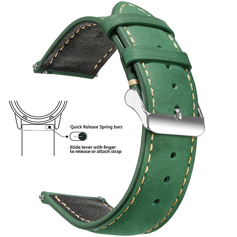 Dark green waxed leather band with cream stitching and a silver buckle