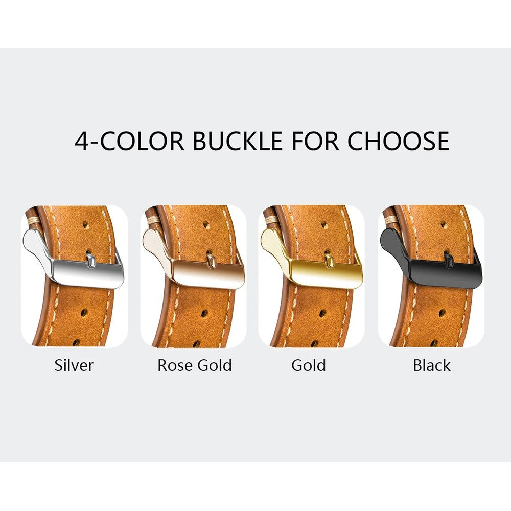 The four buckle colours on a toffee brown band: silver, rose gold, gold and black