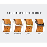 The four buckle colours on a toffee brown band: silver, rose gold, gold and black