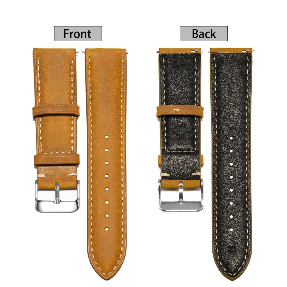 Toffee brown leather band laid flat, front and back, showing the stitching, holes and black leather lining