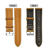 Toffee brown leather band laid flat, front and back, showing the stitching, holes and black leather lining