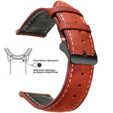 Iron red waxed leather band with cream stitching and a black buckle