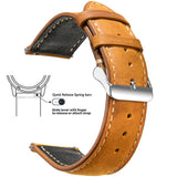 Toffee brown waxed leather watch band with cream stitching, a black lining and a silver tang buckle